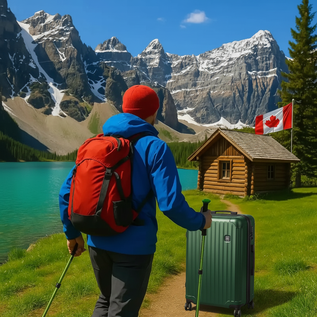 Hiker above a turquoise Canadian lake